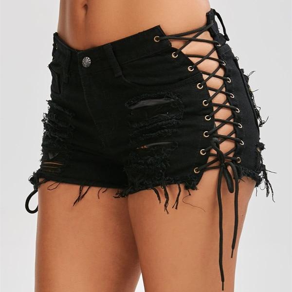 Sexy Summer Women Denim High Waist Ripped Short Jeans Tassel Lace Up Bandage