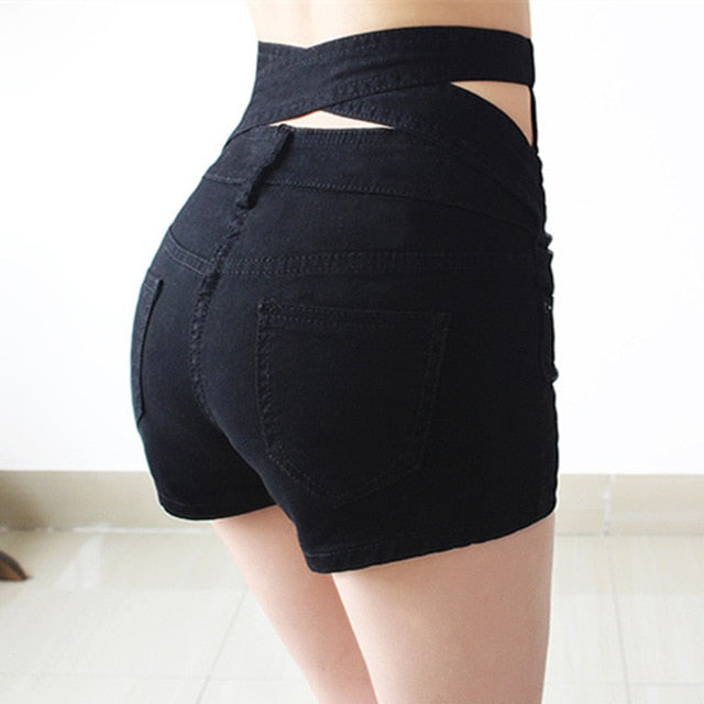 Hollow Out Black Skinny High Waist Shorts Summer New Women White Slim Sexy Denim Shorts Black Short Jeans Feminino - Sheseelady