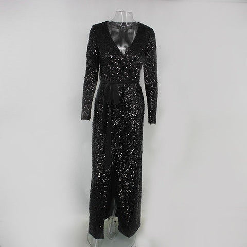 Sexy Solid Deep V-neck High Split Sequined Maxi Dress For Autumn Winter