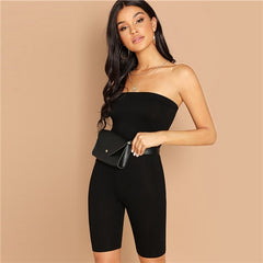 Sweatyrocks Preto Skinny Brilho Tubo Sem Alça Romper Mangas sem Mangas Streetwear Mulheres Bodycon Playsuits e Macacões