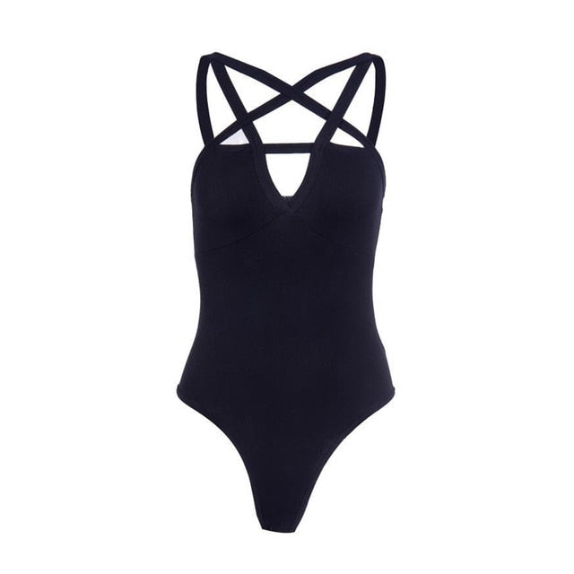 Mulheres góticas sensuais Jumpsuits Cross Strap Cross Design Hollow Out Pentagram Romper Black Sleeveless Slim Cami Bodysuit