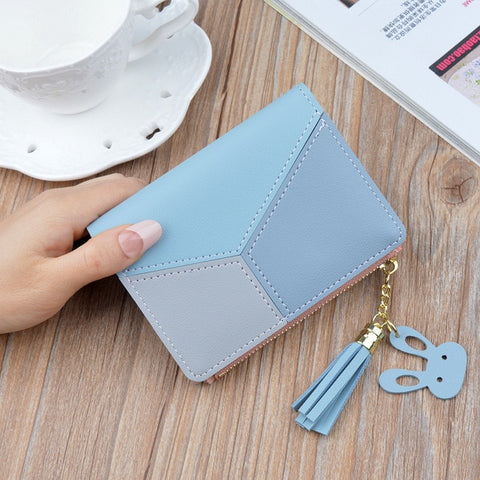 Trendy Lovely Patchwork Zippered Leather Wallet With Tassel For Ladies
