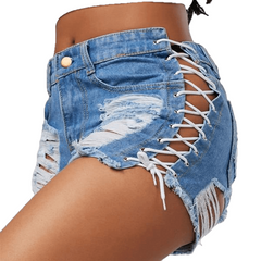 Sexy Summer Women Denim High Waist Ripped Short Jeans Tassel Lace Up Bandage