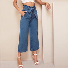 Elegante Blue High Waist Wide Leg Belted Crop Jeans