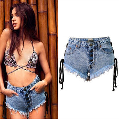 Highwaisted Mini Jeans Shorts Women Both Side Tie Mini Short Sexy Denim Shorts Jeans - Sheseelady