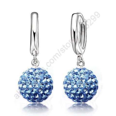 Multi Colors 1 Pair Real Pure 925 Sterling Silver Austrian Pave Disco Ball Hoop Lever Back Earring Women Jewelry