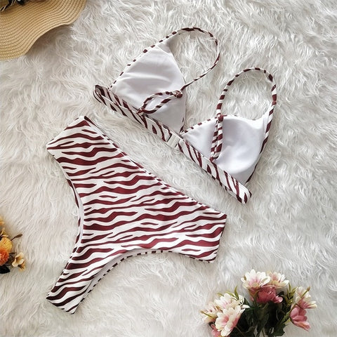 Sexy Ladies' Low Waist Push Up Padded Swimwear With Leopard/Zebra Print