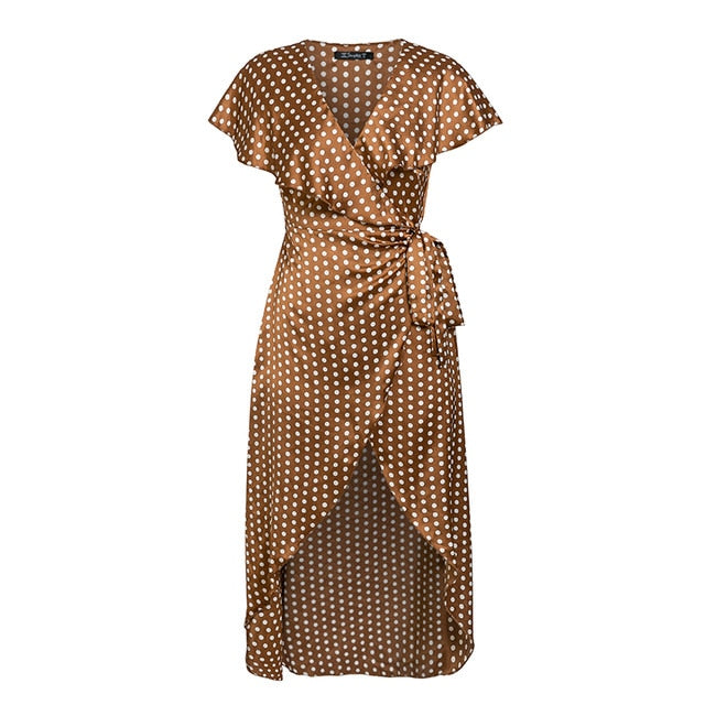 Elegant V Neck Wrap Sashes Dots Print Vintage Dresses - Sheseelady