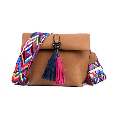 Scrub Pu Crossbody Bag Stylish Women'S Bag Tassel Shoulder Bags With Colorful Strap