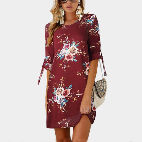 Summer Floral Print Chiffon Tunic Sundress Loose Mini Dress
