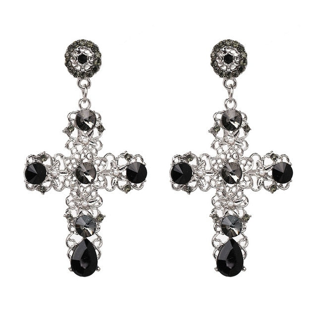 Brincos de gota vintage Boho Crystal Cross para mulheres Barroco Bohemian grandes brincos longos joias Brincos