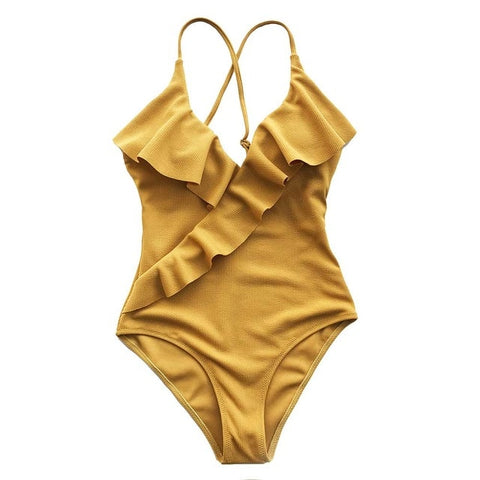 Sexy Ladies' V-neck Ruffle Monokini Swimsuit Solid Color