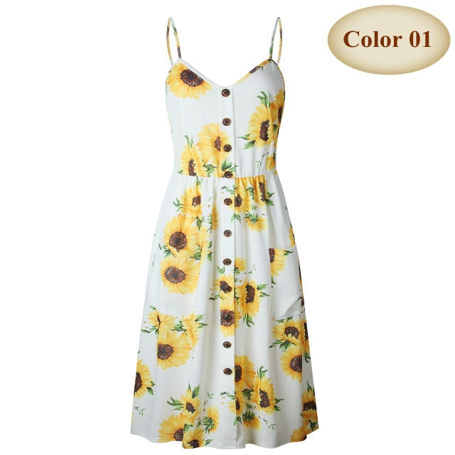 Floral Striped Button Sunflower Daisy Pineapple Midi Dresses - Sheseelady