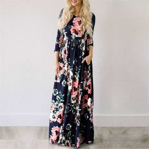 Elegant Trendy Ladies' Floral Print Long Dress With Pocket For Summer Beach