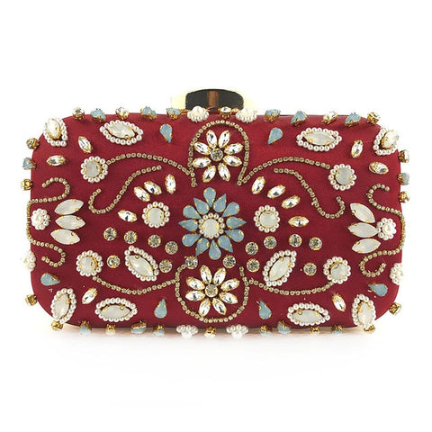 Female Luxury Simulated Diamond & Faux Pearls Floral Pattern PU Evening Clutches