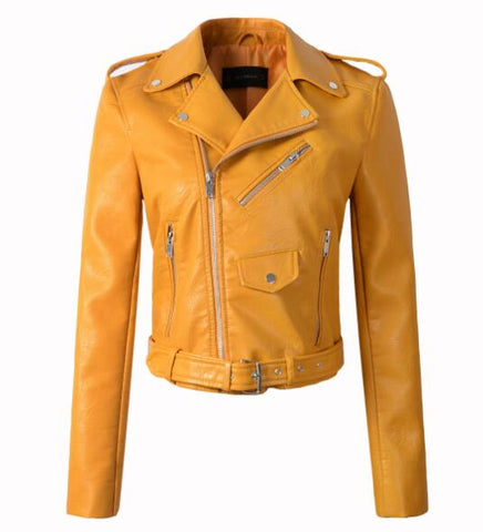 Couro de motocicleta de outono de inverno põe jaqueta couro de mulheres de jaqueta de couro amarelo cobrem couro de jaqueta de Slim Pu