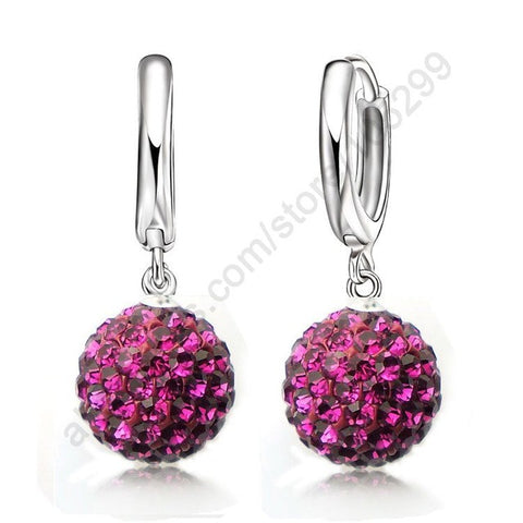 Multi Colors 1 Pair Real Pure 925 Sterling Silver Austrian Pave Disco Ball Hoop Lever Back Earring Women Jewelry