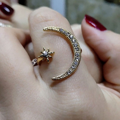 New Fashion Ring Moon & Star Dazzling Open Finger Ring For Women Girls Jewelry Pure Wedding Engagement Bijoux Cadeaux