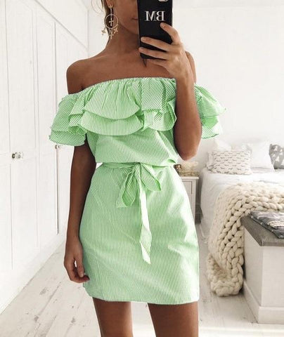 Summer Casual Sexy Ruffle Collar Off-the-shoulder A-Line Stripe Print Lace-up Sundress