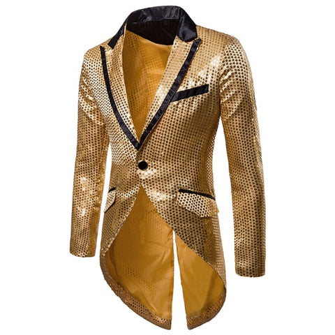 光る金のスパンコール光物は、男性用ブレザー・ジャケットを装飾しました