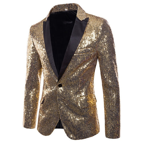 光る金のスパンコール光物は、男性用ブレザー・ジャケットを装飾しました