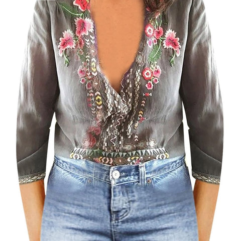 Sexy V Neck Short Sleeve Embroidered Batwing Loose Blouses