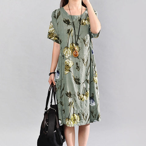 Ladies Short Sleeve Casual Floral Linen Midi Dresses