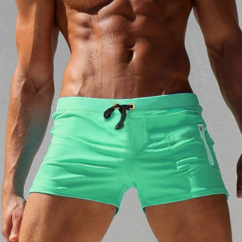 Sexy Solid Color Male Nylon Beach Shorts With Pocket & Drawstring