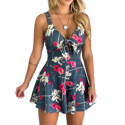Women Beach Rompers Female Summer Lace Up Print Floral Casual Short Jumpsuit Sleeveless Bodycon Sexy Party Playsuit