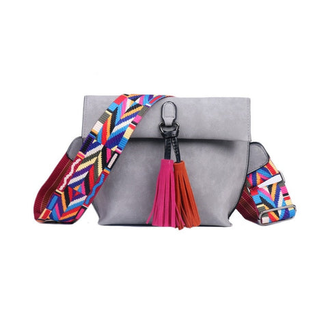 Esfregar bolsa de Pu Crossbody bolsas de ombro de borla de bolsa de mulher elegantes com tira colorida