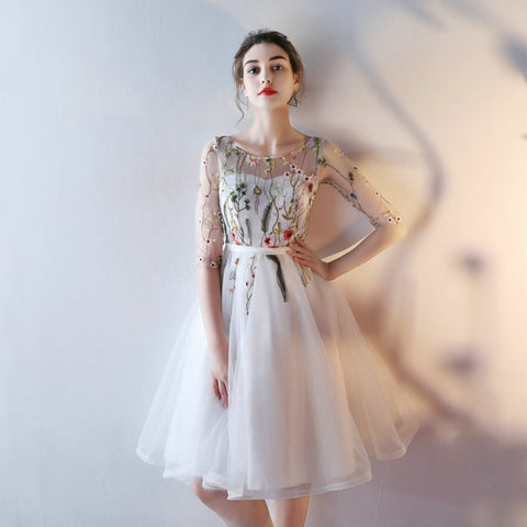 Flash Elegant Ladies' Embroidery Pattern Sheer Sleeve Lace Prom Dress