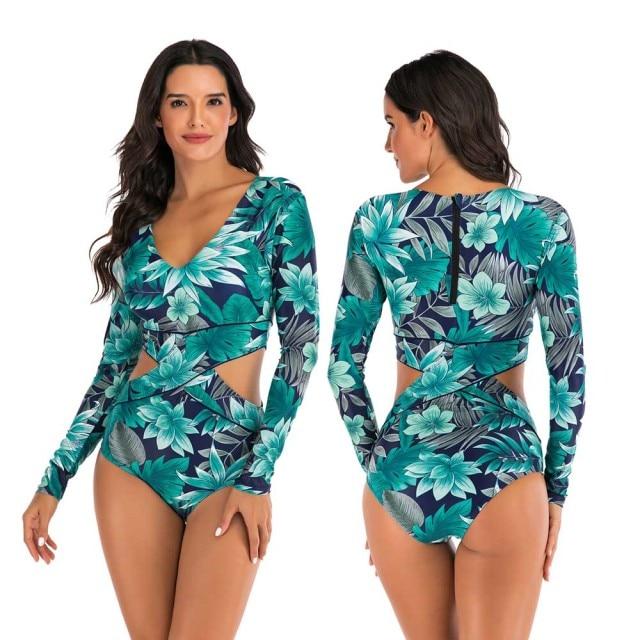 Stylish Ladies' Print Long Sleeve Rash Guard With Zipper One Piece