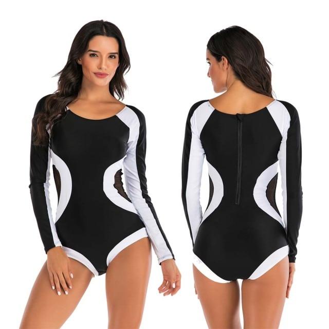 Stylish Ladies' Print Long Sleeve Rash Guard With Zipper One Piece