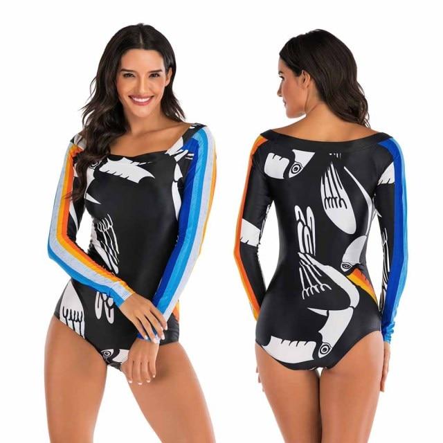 Stylish Ladies' Print Long Sleeve Rash Guard With Zipper One Piece