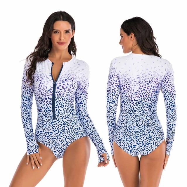 Stylish Ladies' Print Long Sleeve Rash Guard With Zipper One Piece