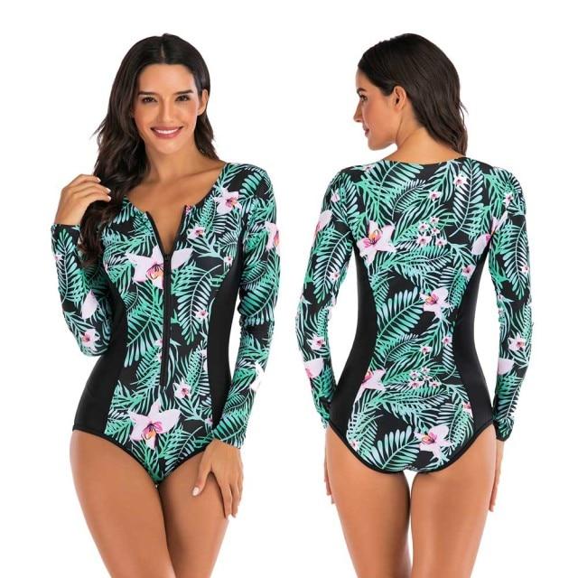 Stylish Ladies' Print Long Sleeve Rash Guard With Zipper One Piece