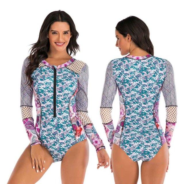 Stylish Ladies' Print Long Sleeve Rash Guard With Zipper One Piece