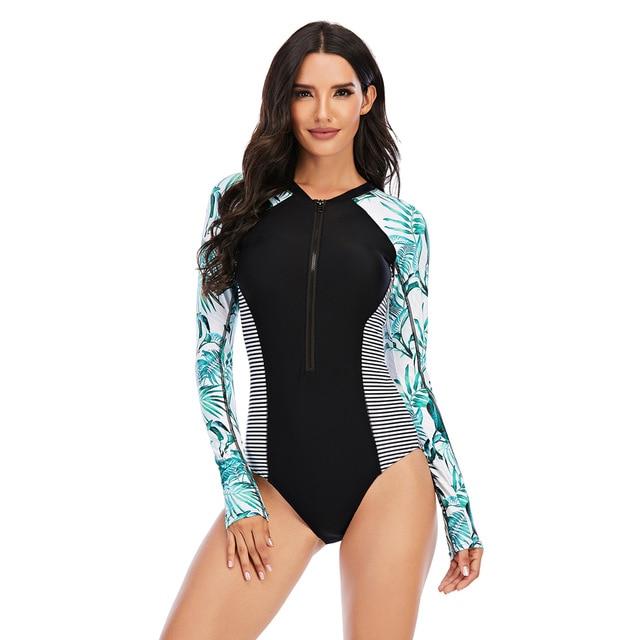 Stylish Ladies' Print Long Sleeve Rash Guard With Zipper One Piece