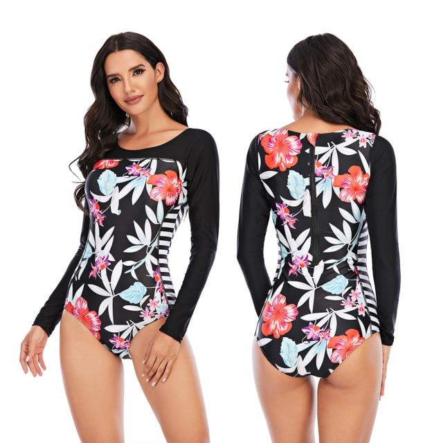 Stylish Ladies' Print Long Sleeve Rash Guard With Zipper One Piece