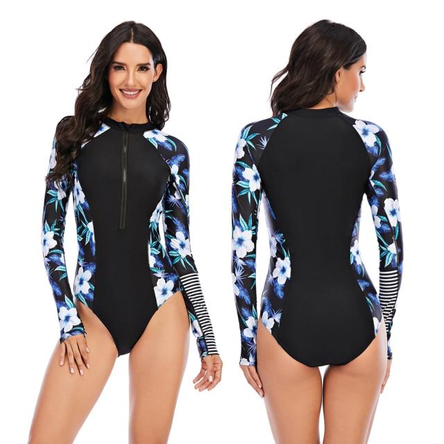 Stylish Ladies' Print Long Sleeve Rash Guard With Zipper One Piece