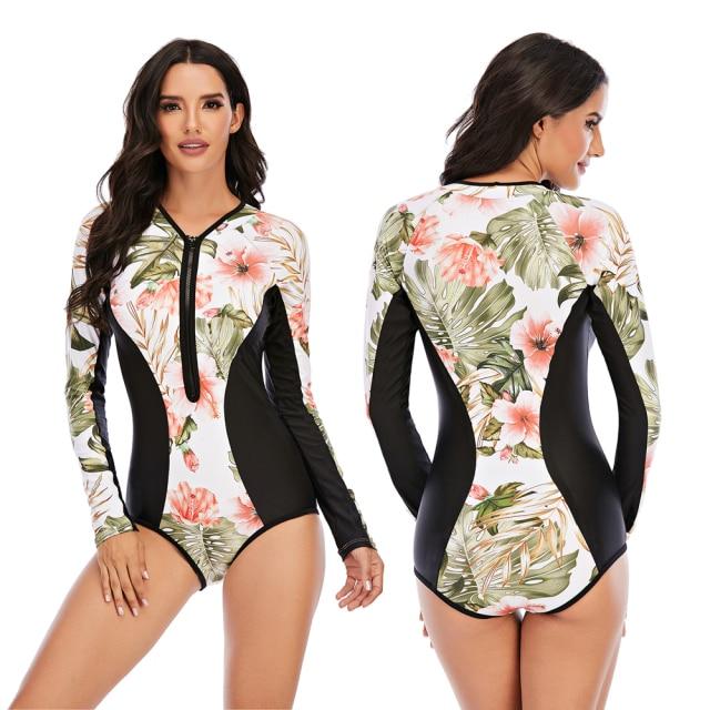 Stylish Ladies' Print Long Sleeve Rash Guard With Zipper One Piece