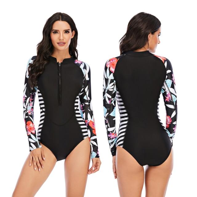 Stylish Ladies' Print Long Sleeve Rash Guard With Zipper One Piece