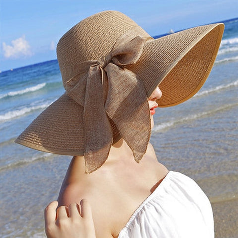 Chapéu de palha de grande aba de verão disque-de-aba larga brim sun cap bowknot beach chapéus dobráveis