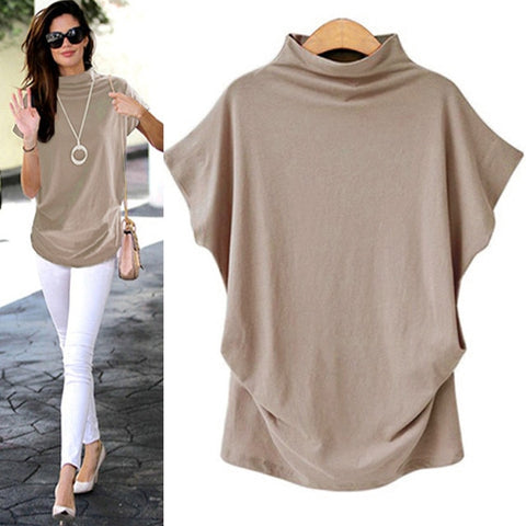 Mulheres Casual Turtleneck Short Sleeve Cotton Solid Blouse