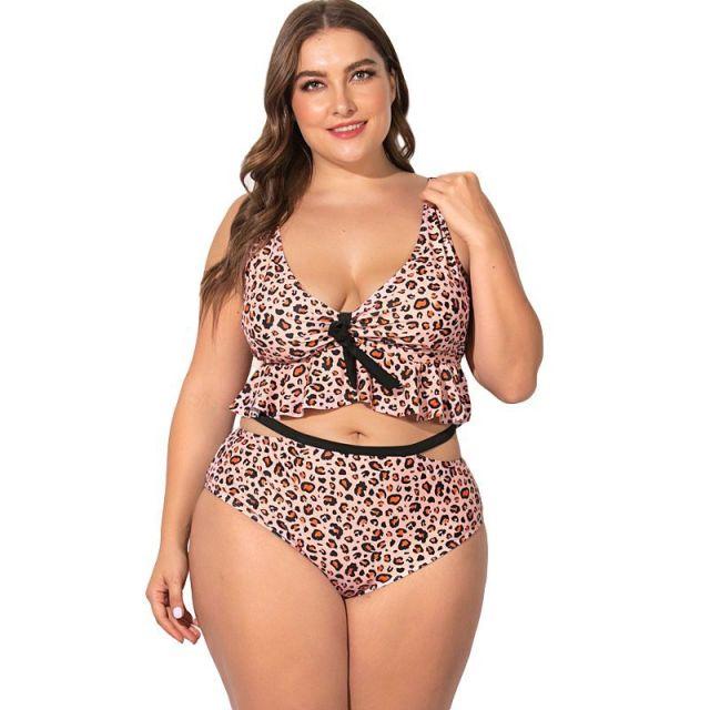 Stylish Women's Leopard Print Bikini With Lotus Lace Plus Size 2 Piece Set