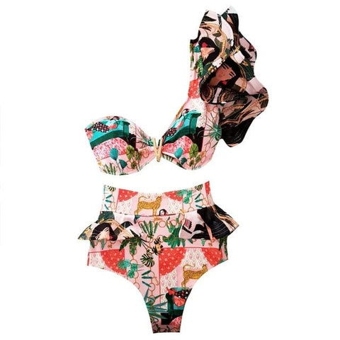 Hot Girls' Floral Print Push Up Bikini Set With Ruffles Bandage Padded Bra