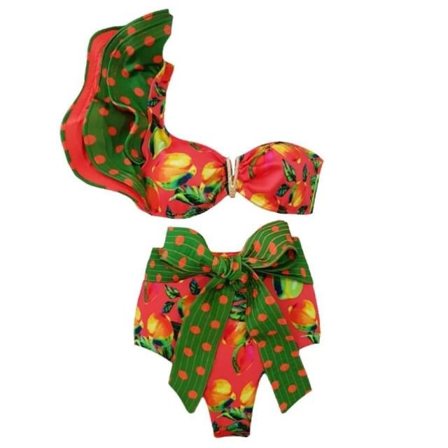 Hot Girls' Floral Print Push Up Bikini Set With Ruffles Bandage Padded Bra