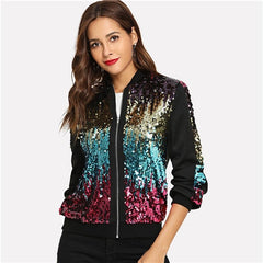 Casual Zip Up Basic Sequin Jacket Women Autumn Highstreet Bomber Jacket Coat Women Feminino Coats Outwear Clothes - Sheseelady