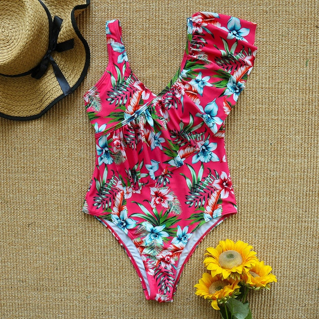 Sexy Ladies' Deep V-neck Strappy Ruffle Swimsuit With Print Floral One Piece