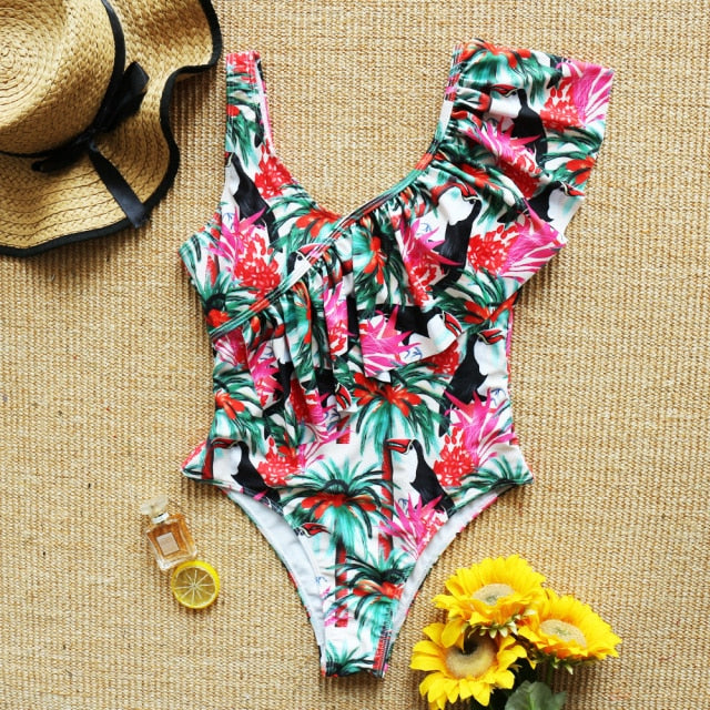 Sexy Ladies' Deep V-neck Strappy Ruffle Swimsuit With Print Floral One Piece